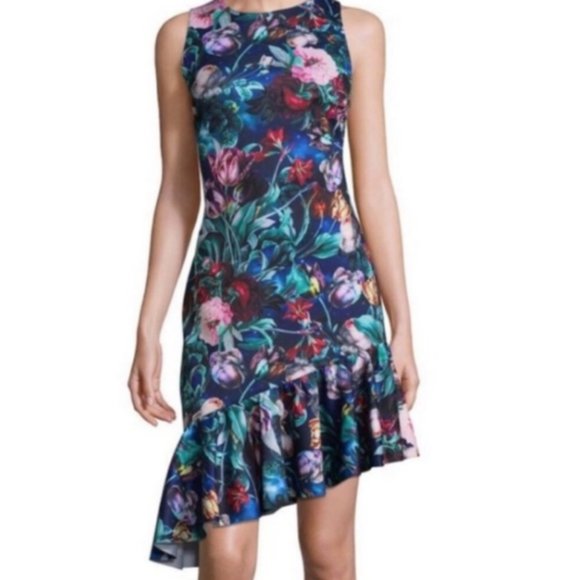 Alexia Admor Dress Ruffle Asymmetrical Floral Stretch Scuba Sleeveless SZ 14 - Picture 1 of 13